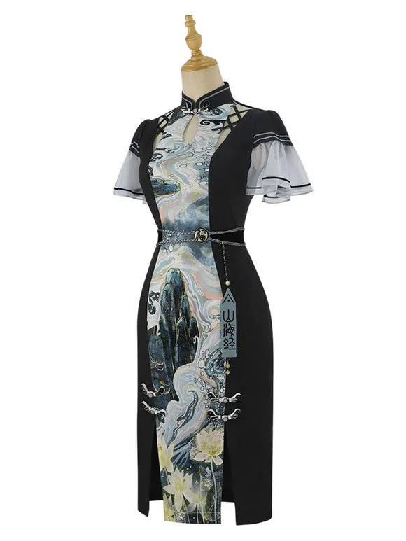 Chinese Style Lolita Dress Lace Up Short Sleeves Polyester Chinese Style Ink Art Black Chinese Style Lolita