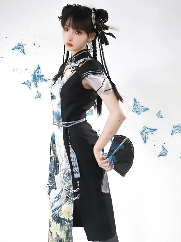 Chinese Style Lolita Dress Lace Up Short Sleeves Polyester Chinese Style Ink Art Black Chinese Style Lolita