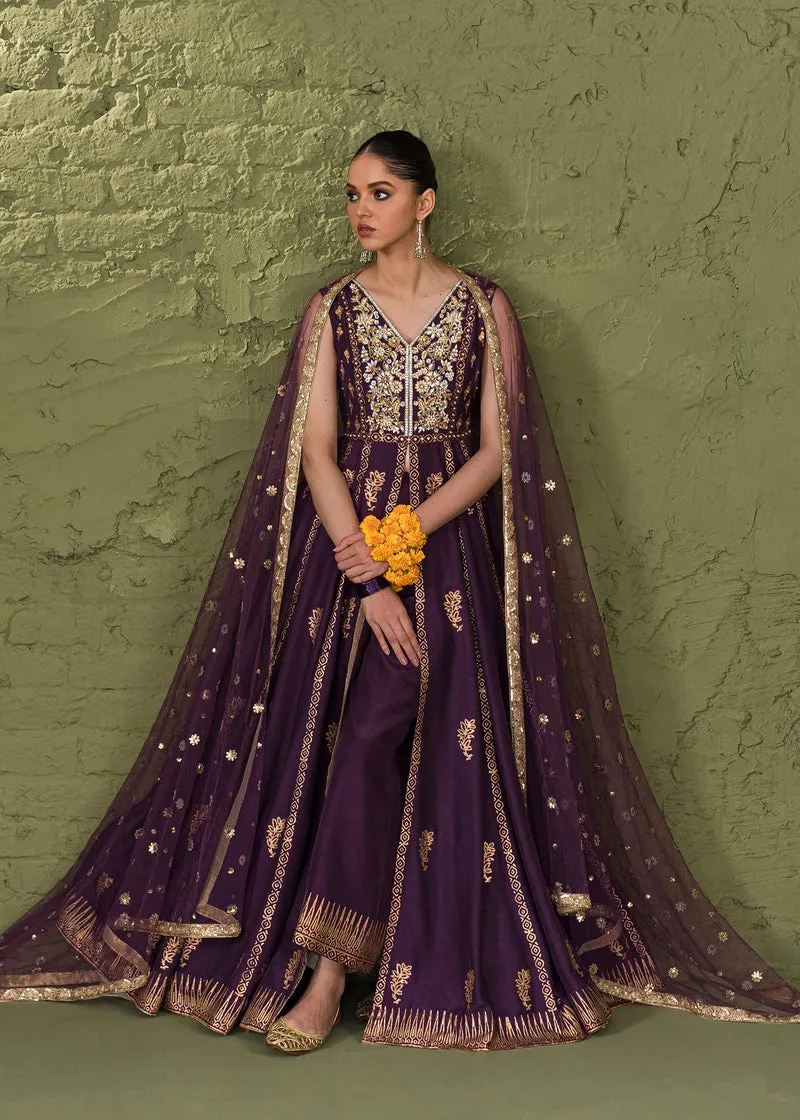 Classic Purple Pakistani Wedding Dress in Kalidar Frock Pishwas Style