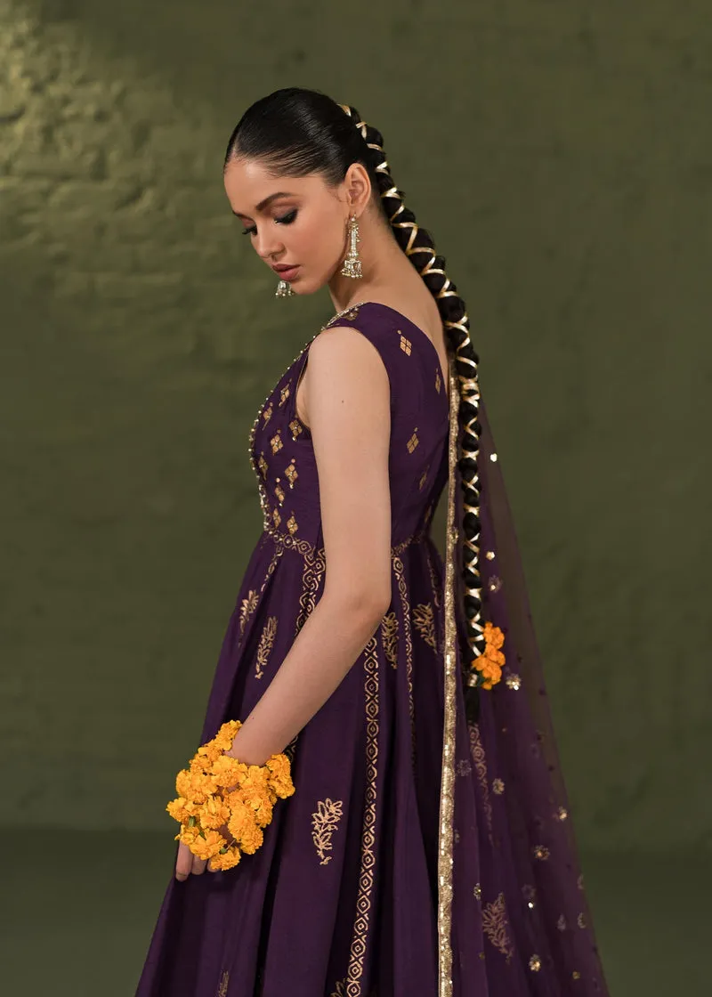 Classic Purple Pakistani Wedding Dress in Kalidar Frock Pishwas Style
