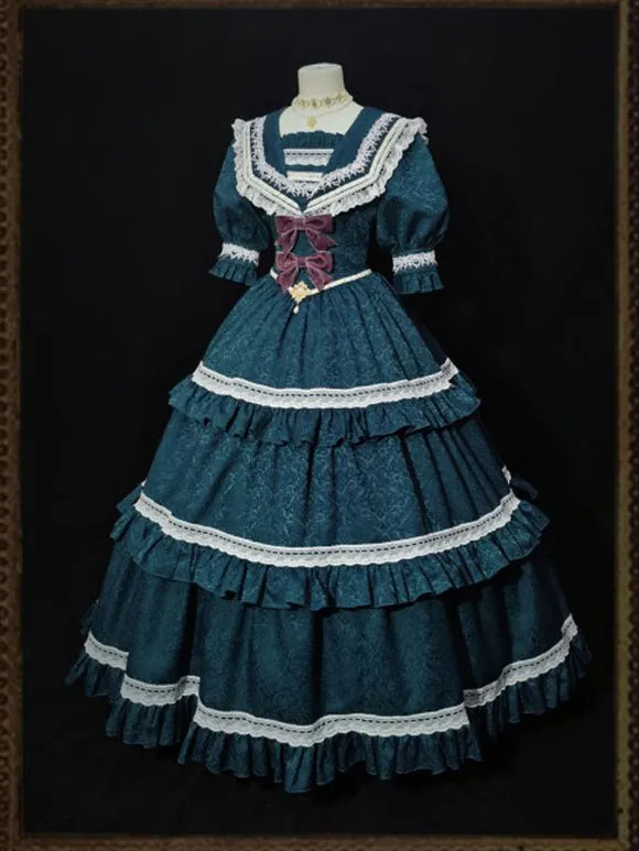 Classical Lolita OP Dress Blue Gray Lace Ruffles Short Sleeves Lolita One Piece Dress