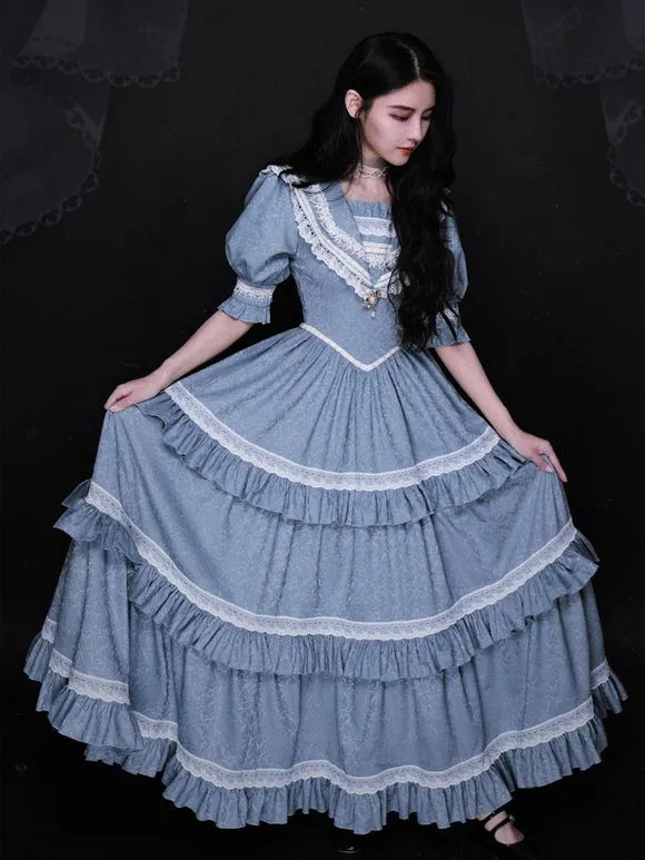 Classical Lolita OP Dress Blue Gray Lace Ruffles Short Sleeves Lolita One Piece Dress