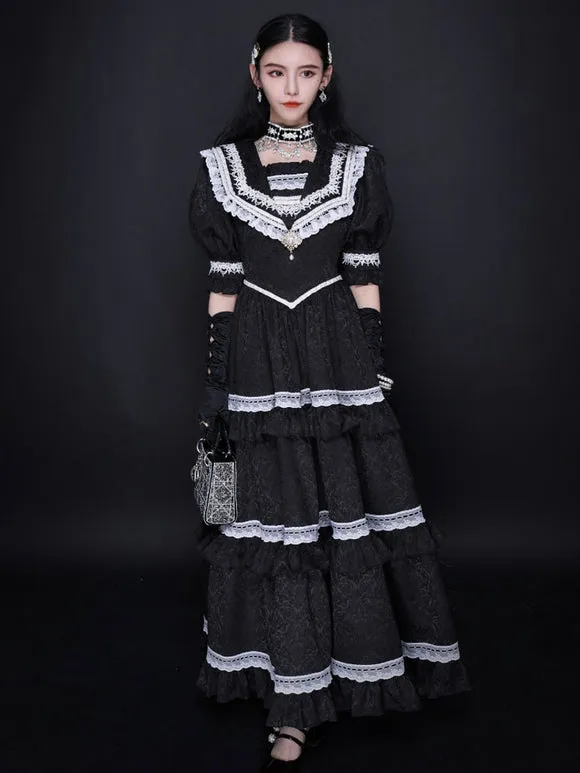 Classical Lolita OP Dress Blue Gray Lace Ruffles Short Sleeves Lolita One Piece Dress