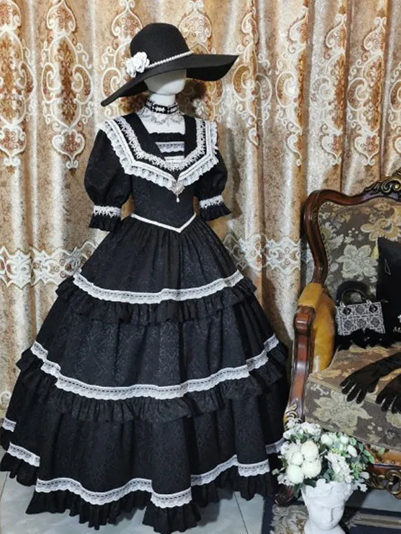 Classical Lolita OP Dress Blue Gray Lace Ruffles Short Sleeves Lolita One Piece Dress