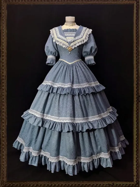Classical Lolita OP Dress Blue Gray Lace Ruffles Short Sleeves Lolita One Piece Dress