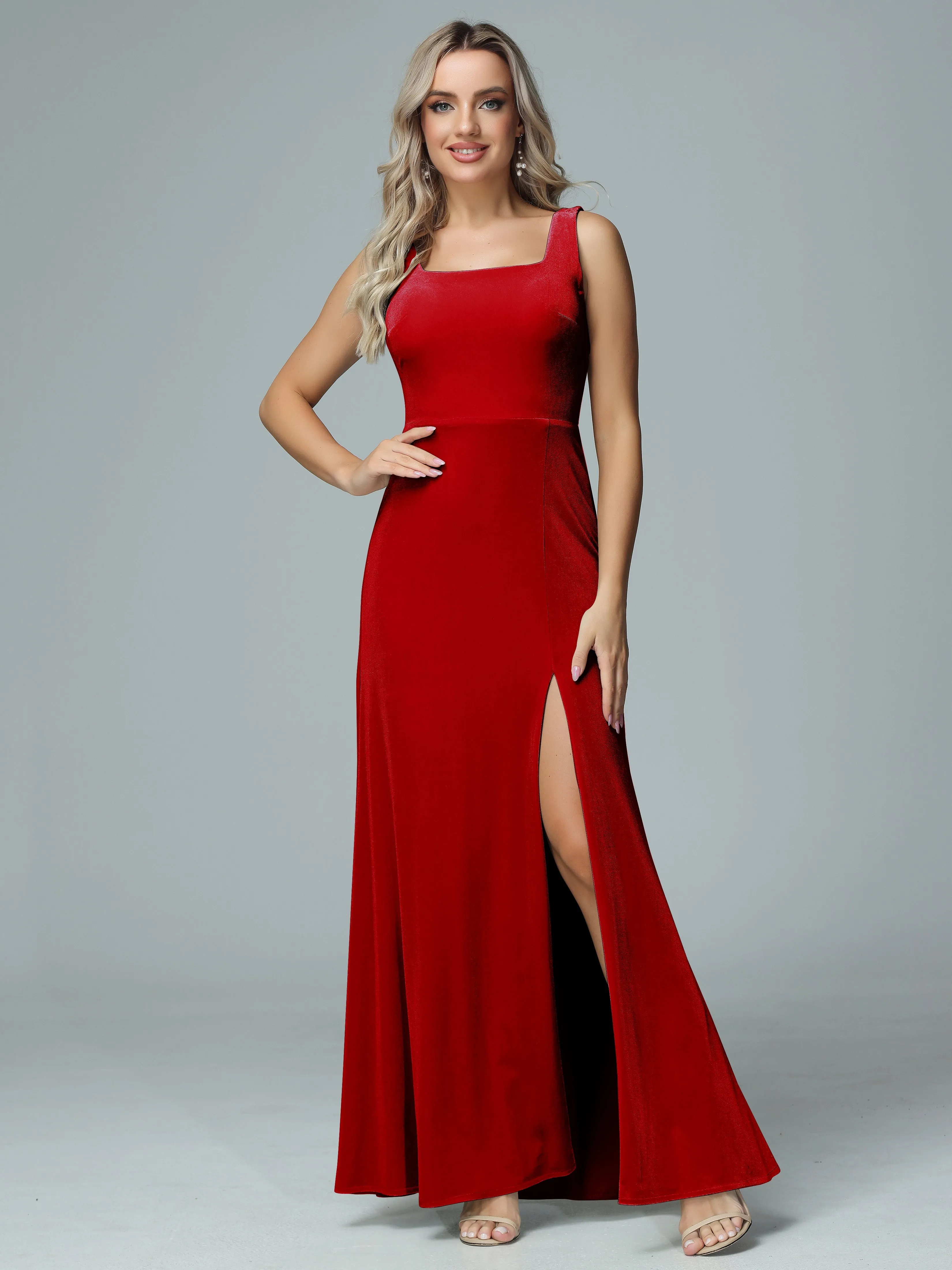 Column Square Neck Velvet Bridesmaid Dresses with Slit