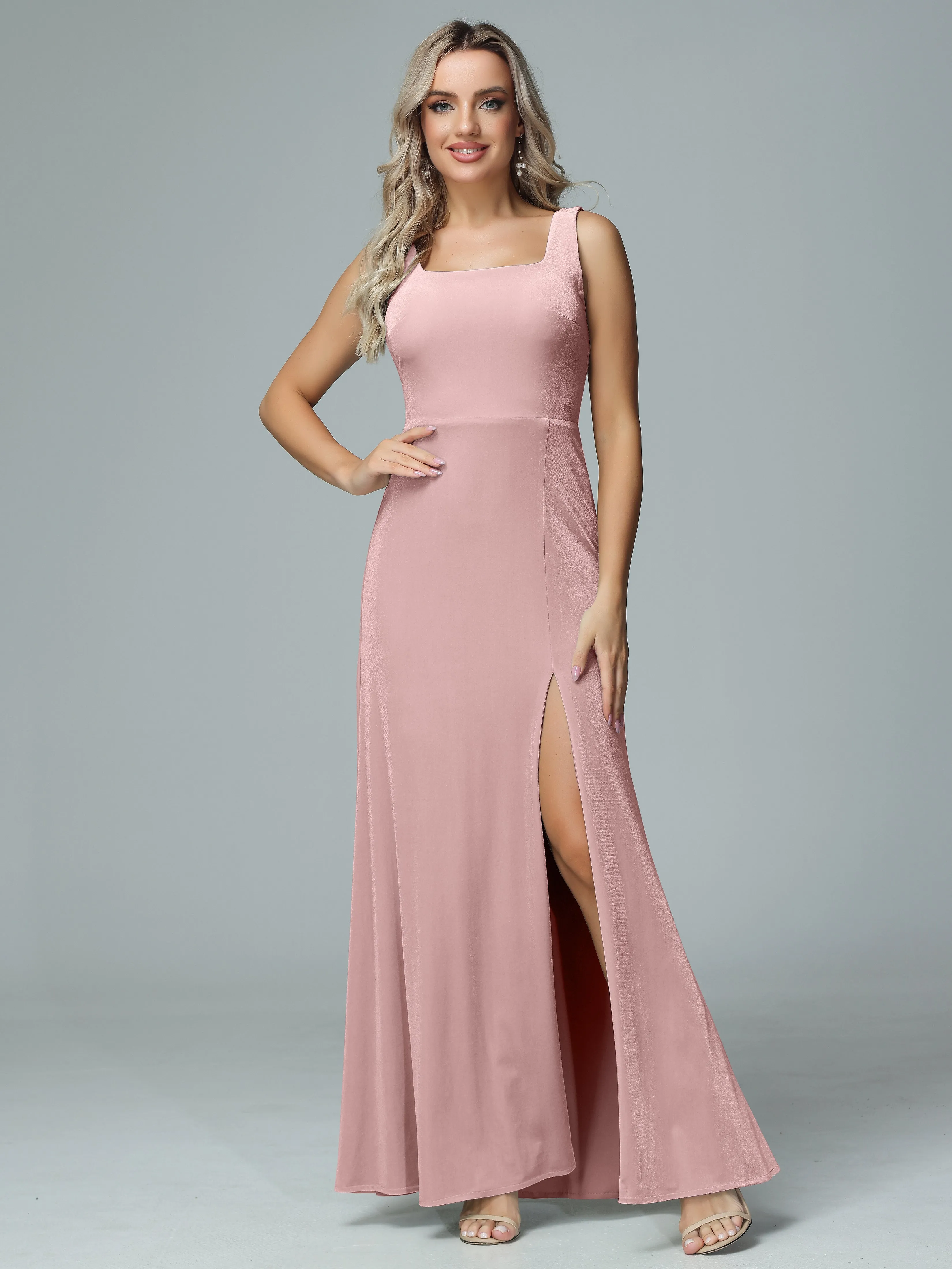 Column Square Neck Velvet Bridesmaid Dresses with Slit
