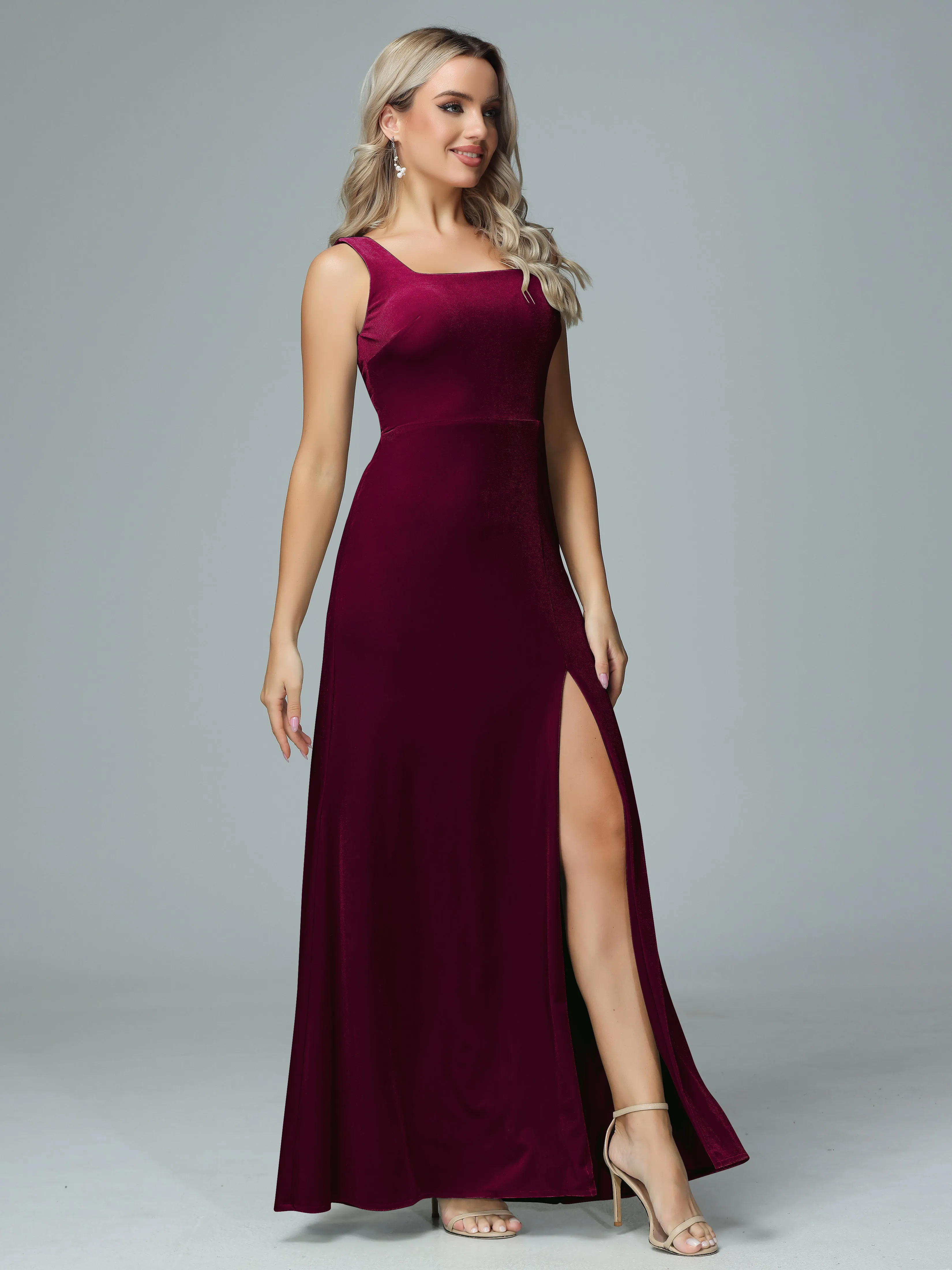 Column Square Neck Velvet Bridesmaid Dresses with Slit