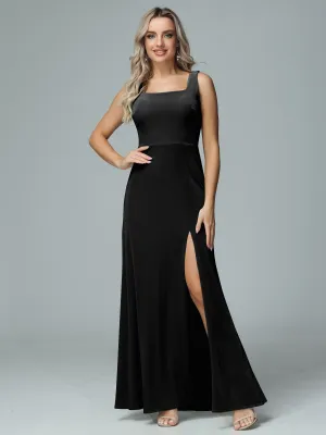 Column Square Neck Velvet Bridesmaid Dresses with Slit