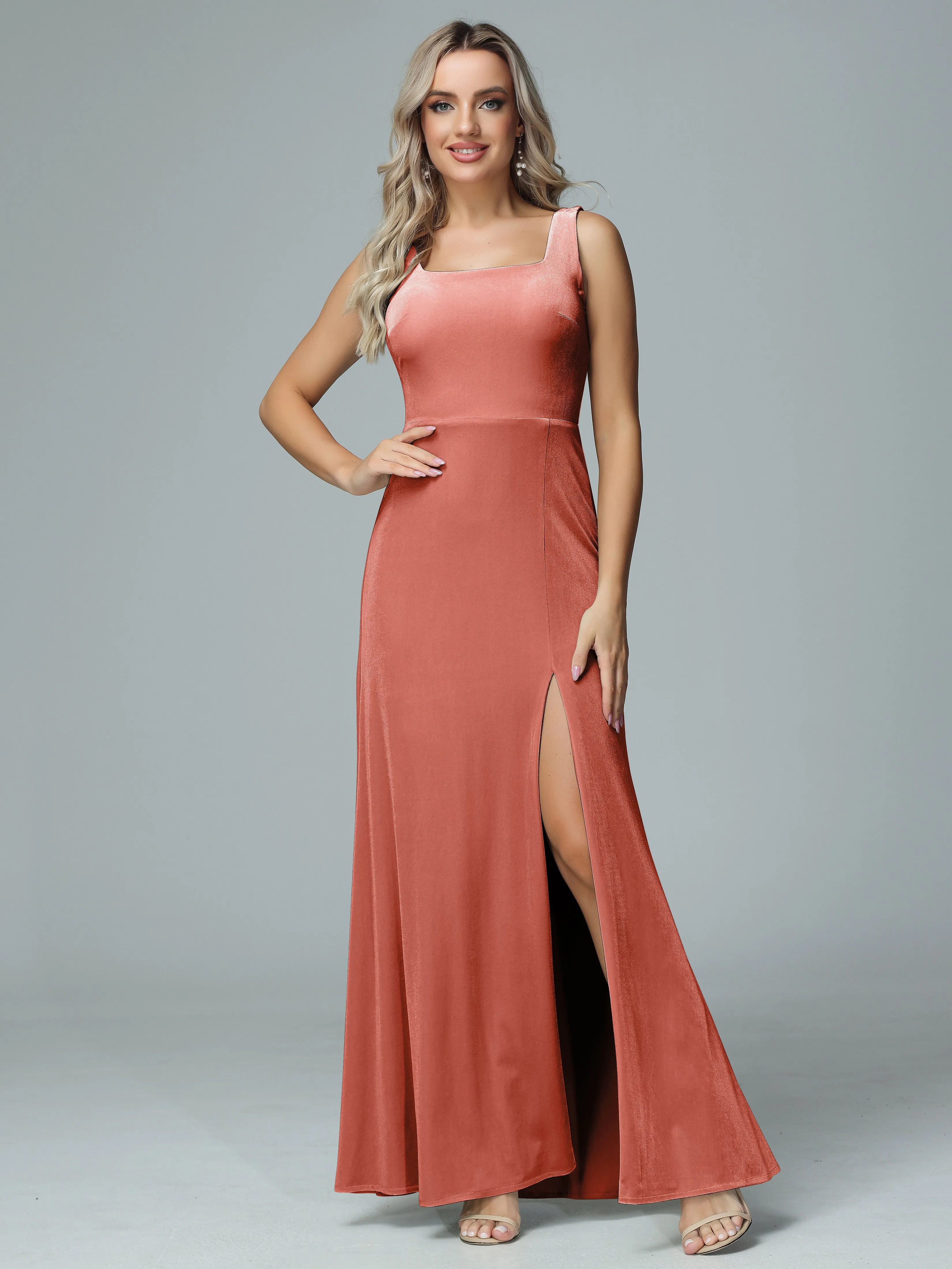 Column Square Neck Velvet Bridesmaid Dresses with Slit