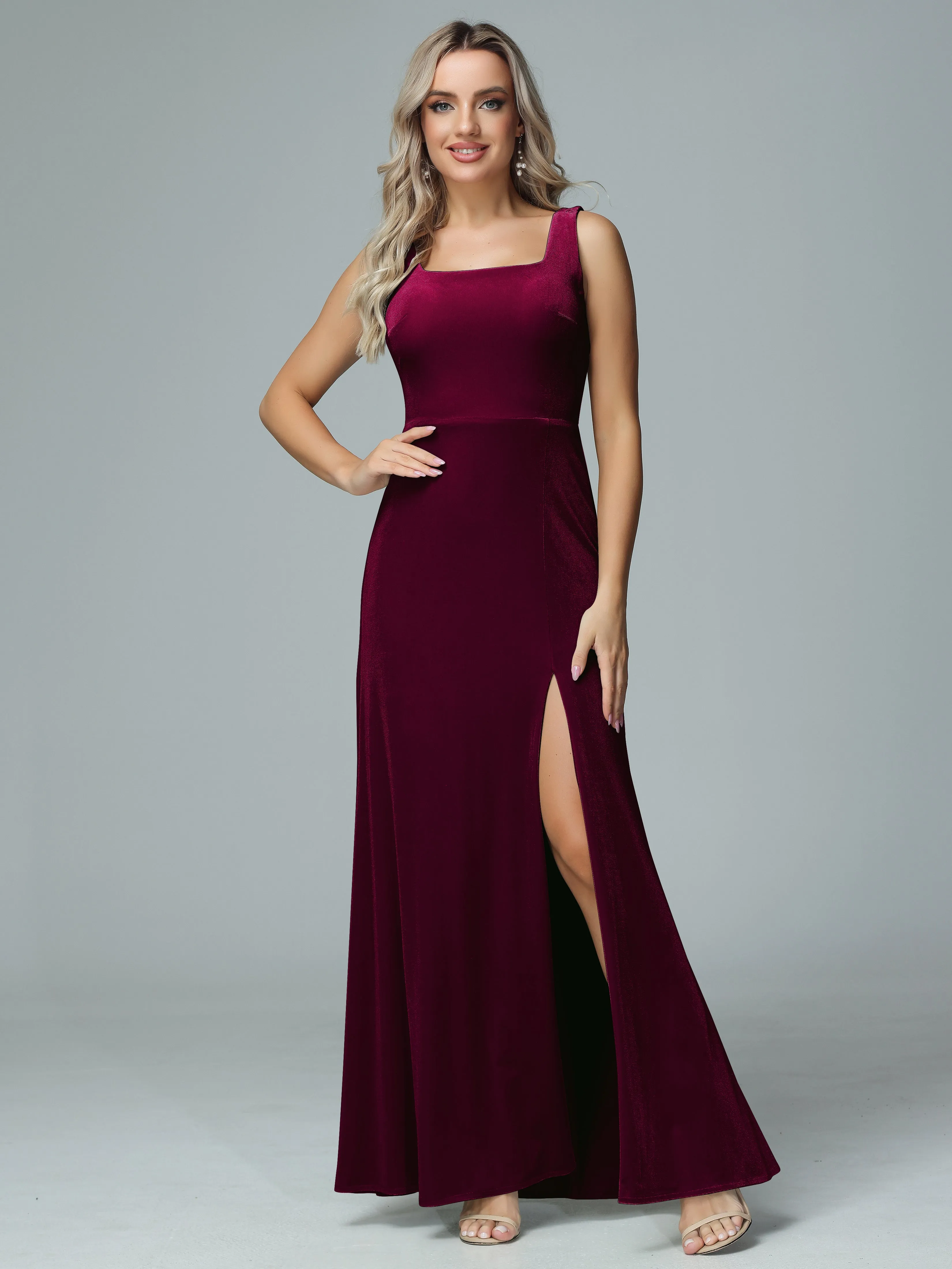 Column Square Neck Velvet Bridesmaid Dresses with Slit