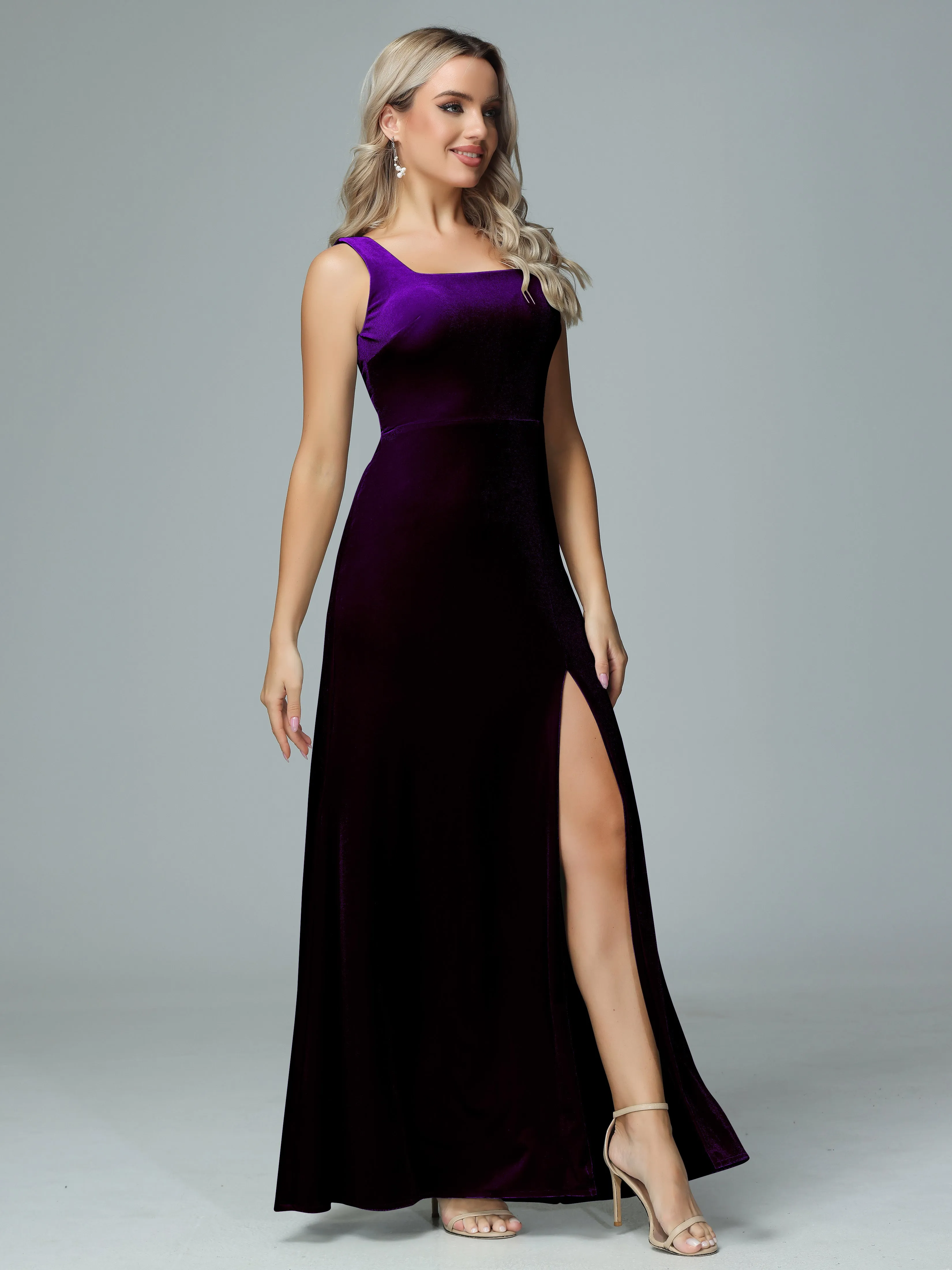 Column Square Neck Velvet Bridesmaid Dresses with Slit