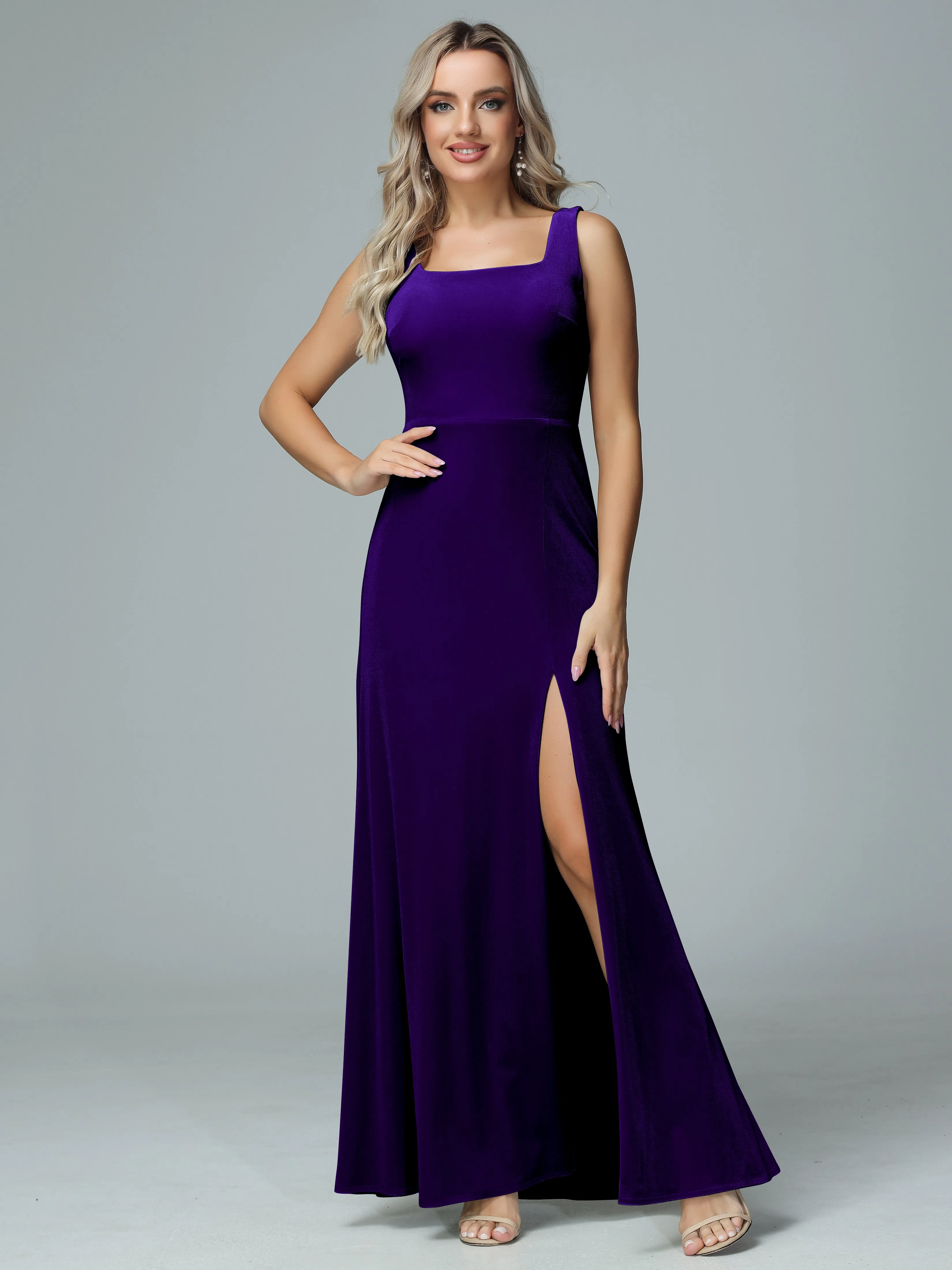 Column Square Neck Velvet Bridesmaid Dresses with Slit