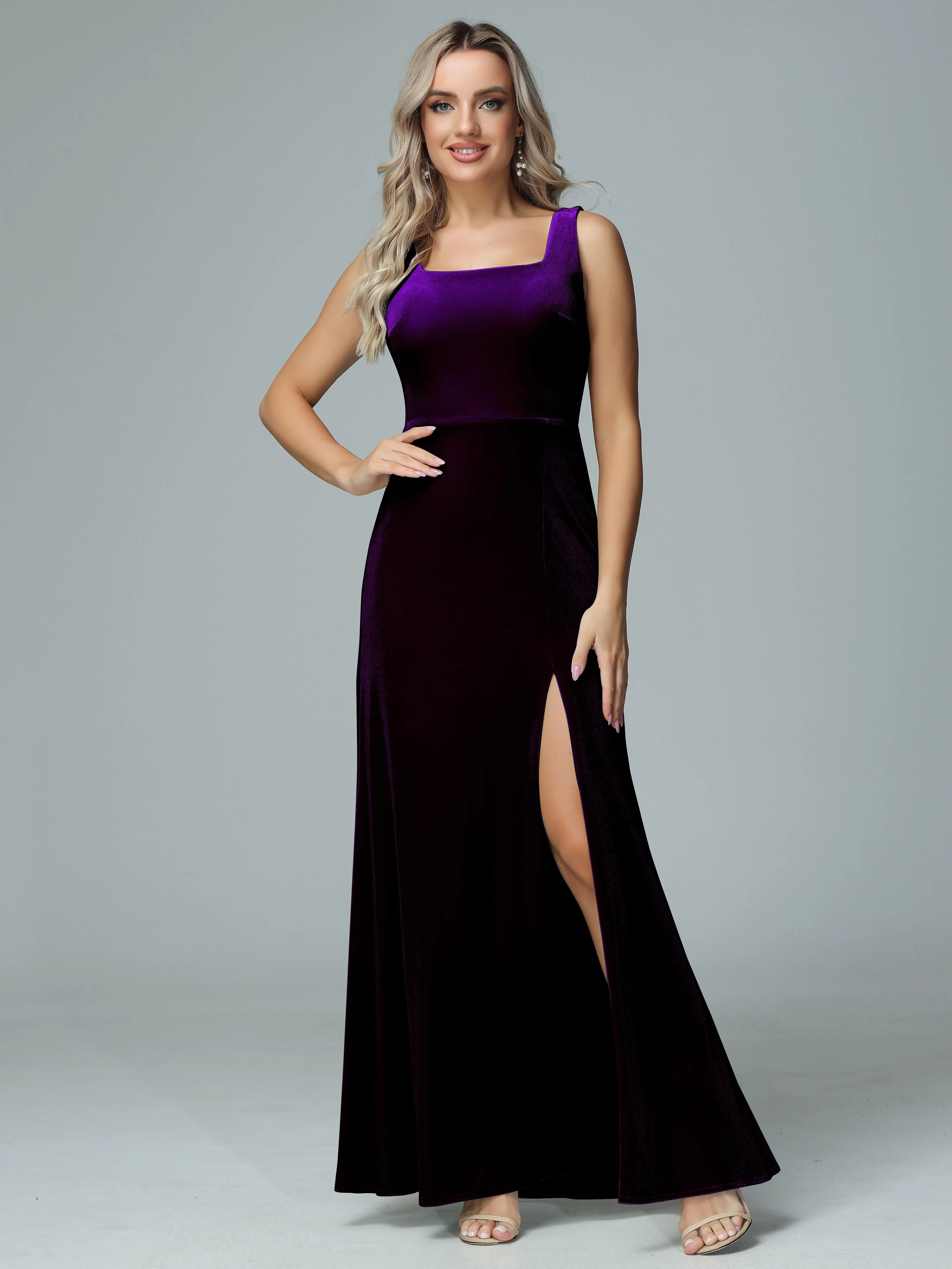 Column Square Neck Velvet Bridesmaid Dresses with Slit