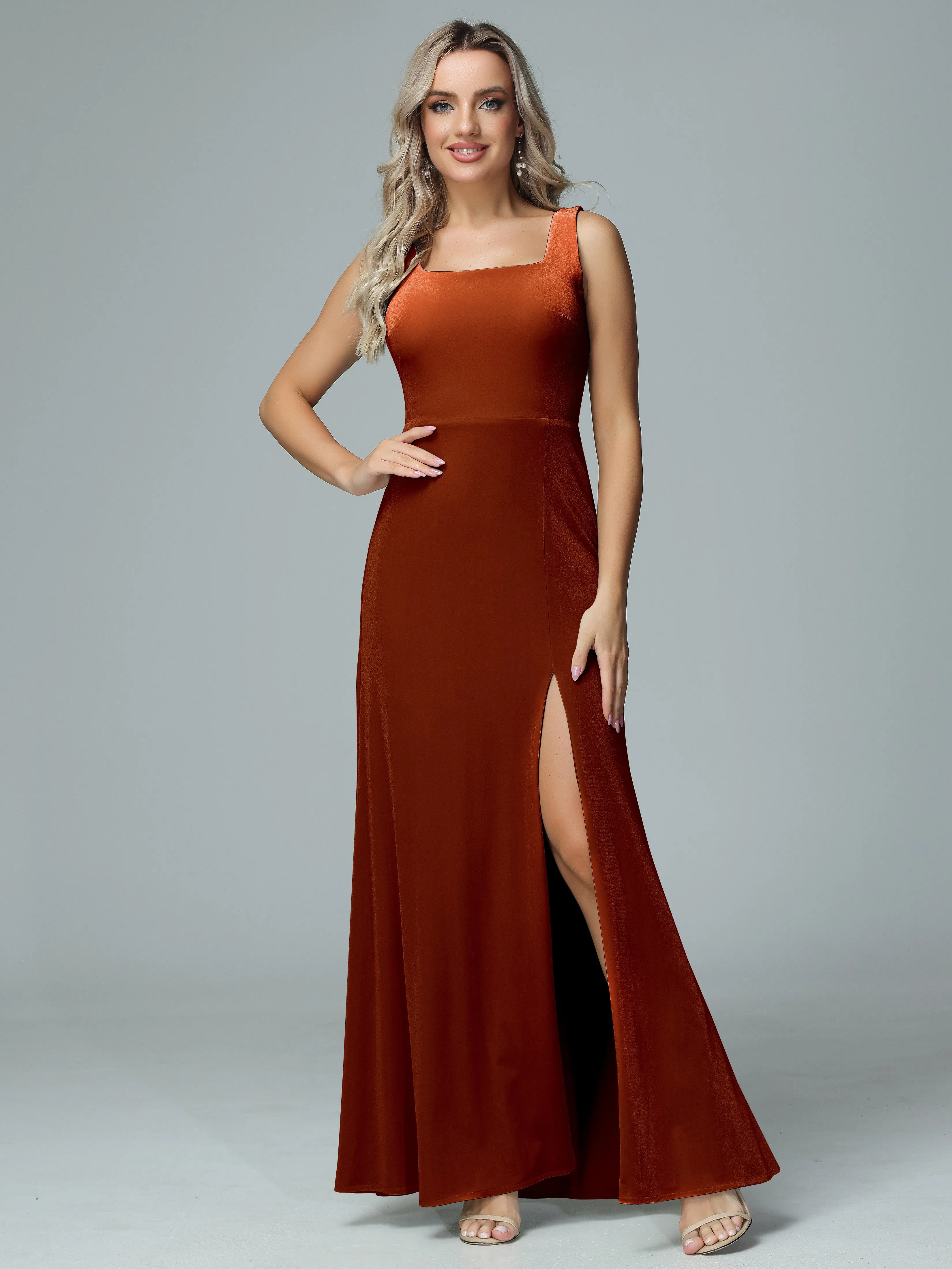 Column Square Neck Velvet Bridesmaid Dresses with Slit