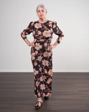 concert drape tuck midi dress - black peonies