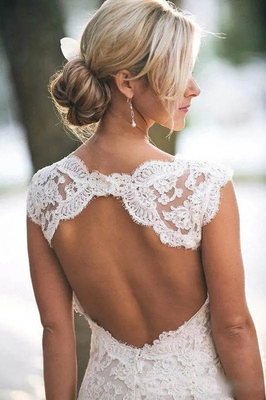 Country Cap-sleeved V-neck Long Lace Dress With Keyhole Back-BU_708727
