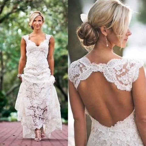 Country Cap-sleeved V-neck Long Lace Dress With Keyhole Back-BU_708727