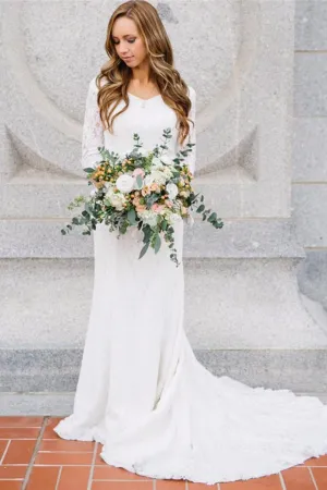 Country Style Vintage Modest Bohemian Lace Chiffon Wedding Gown With Long Sleeves-715360