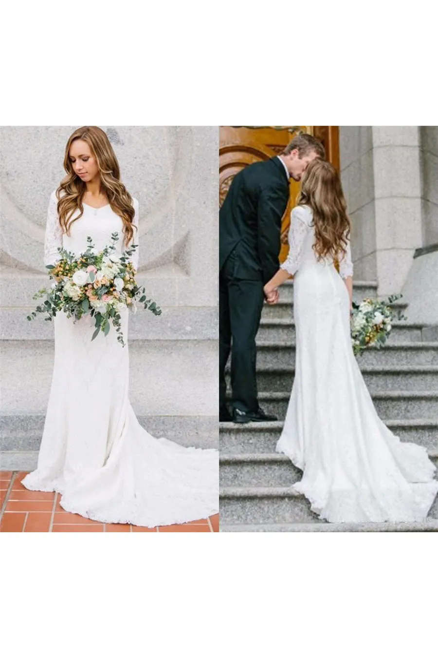 Country Style Vintage Modest Bohemian Lace Chiffon Wedding Gown With Long Sleeves-715360