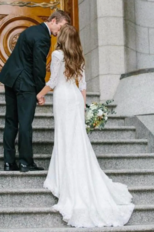 Country Style Vintage Modest Bohemian Lace Chiffon Wedding Gown With Long Sleeves-715360