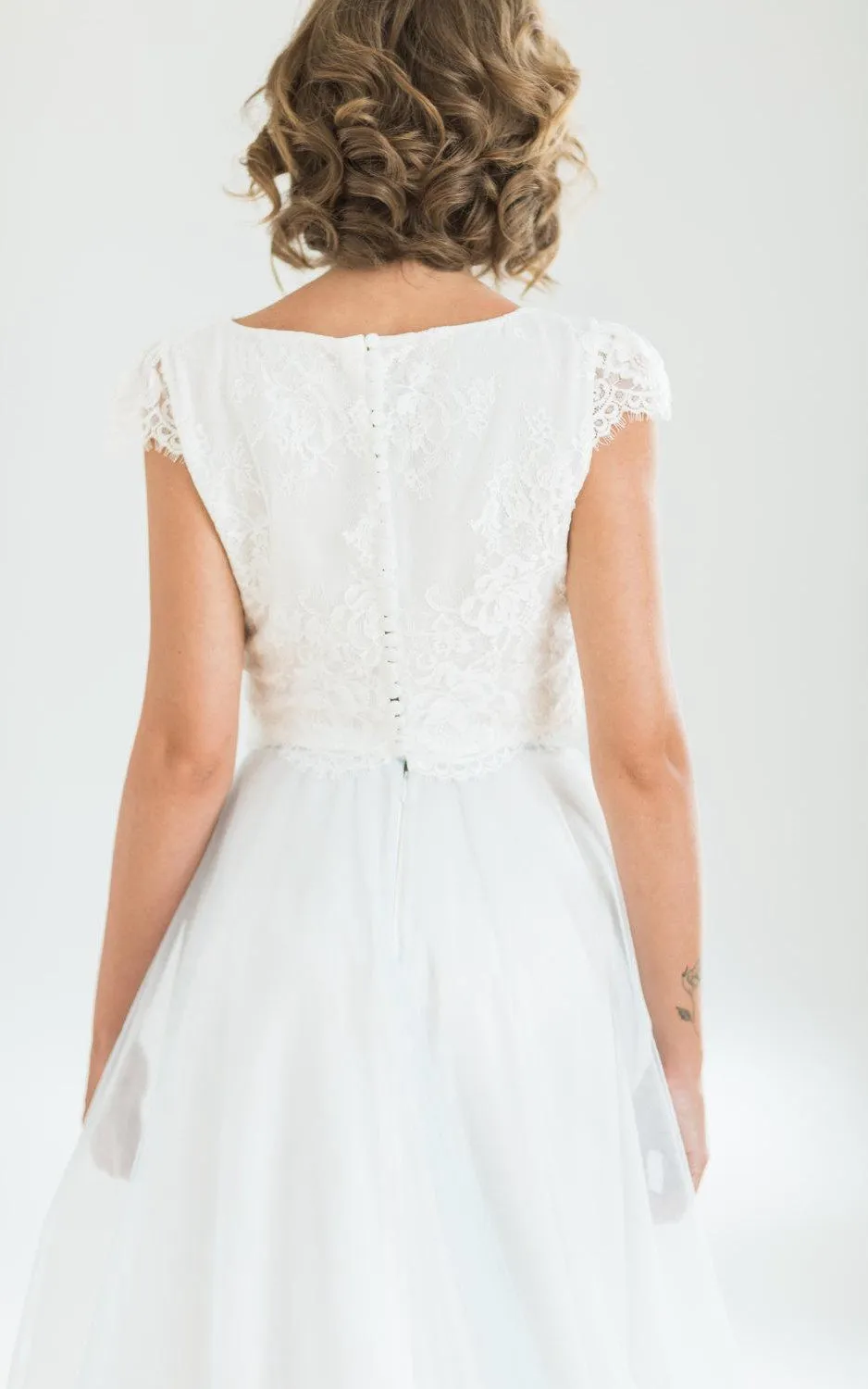 Crop Top Two Piece Wedding With Lace Top And Flowing Blue Skirt Dress-712301