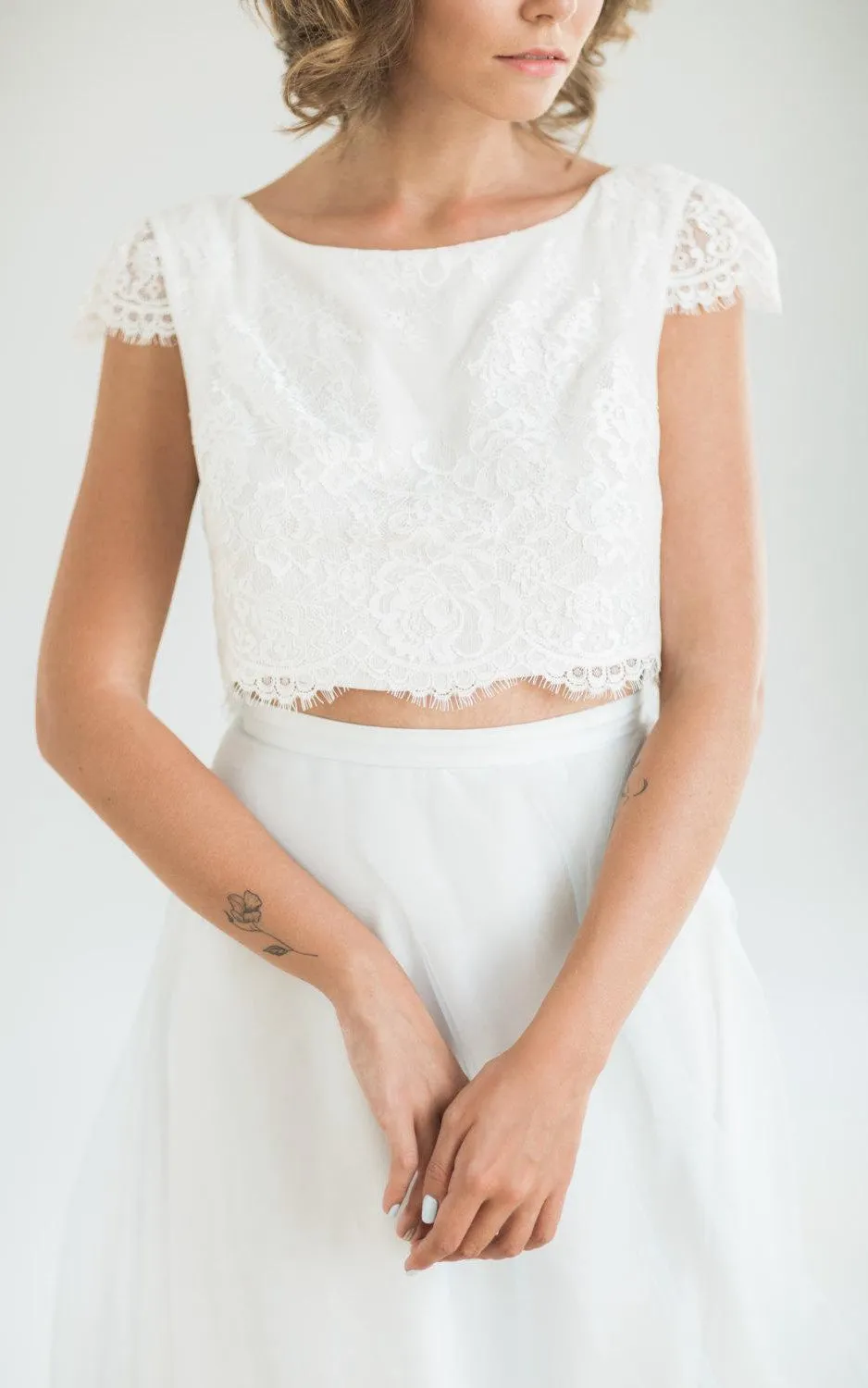 Crop Top Two Piece Wedding With Lace Top And Flowing Blue Skirt Dress-712301