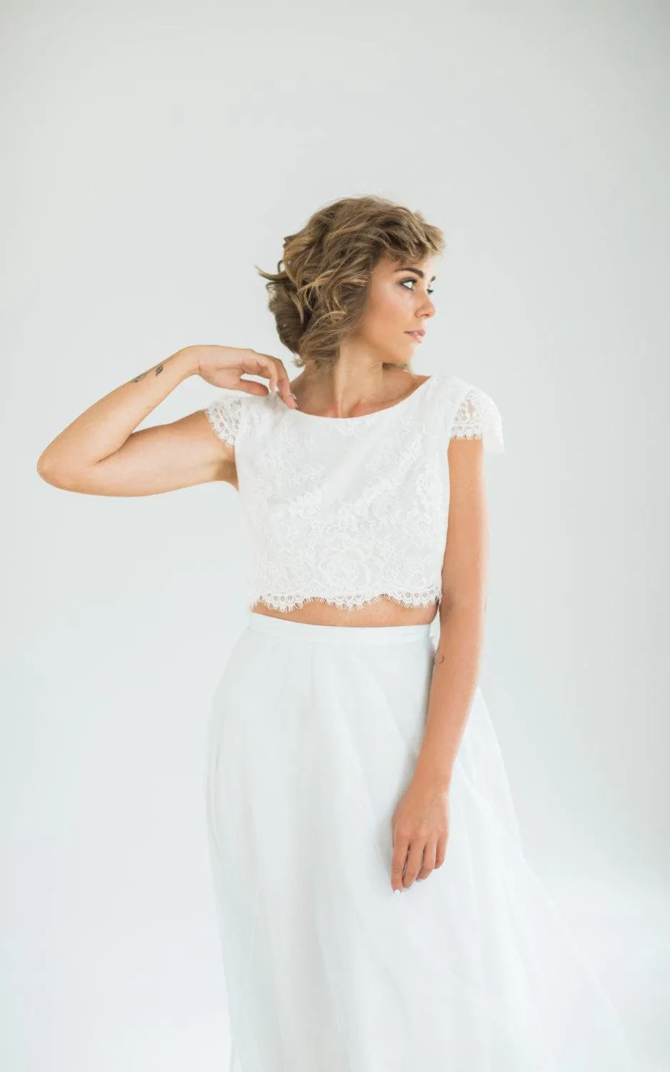 Crop Top Two Piece Wedding With Lace Top And Flowing Blue Skirt Dress-712301