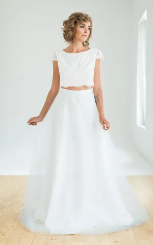 Crop Top Two Piece Wedding With Lace Top And Flowing Blue Skirt Dress-712301