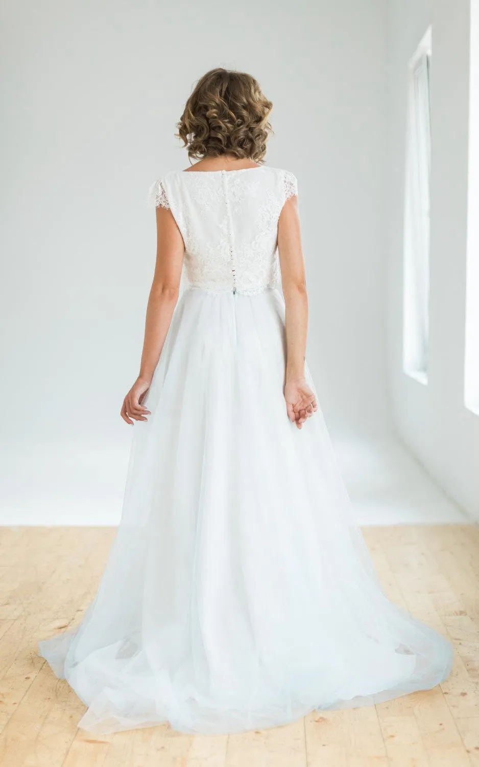 Crop Top Two Piece Wedding With Lace Top And Flowing Blue Skirt Dress-712301