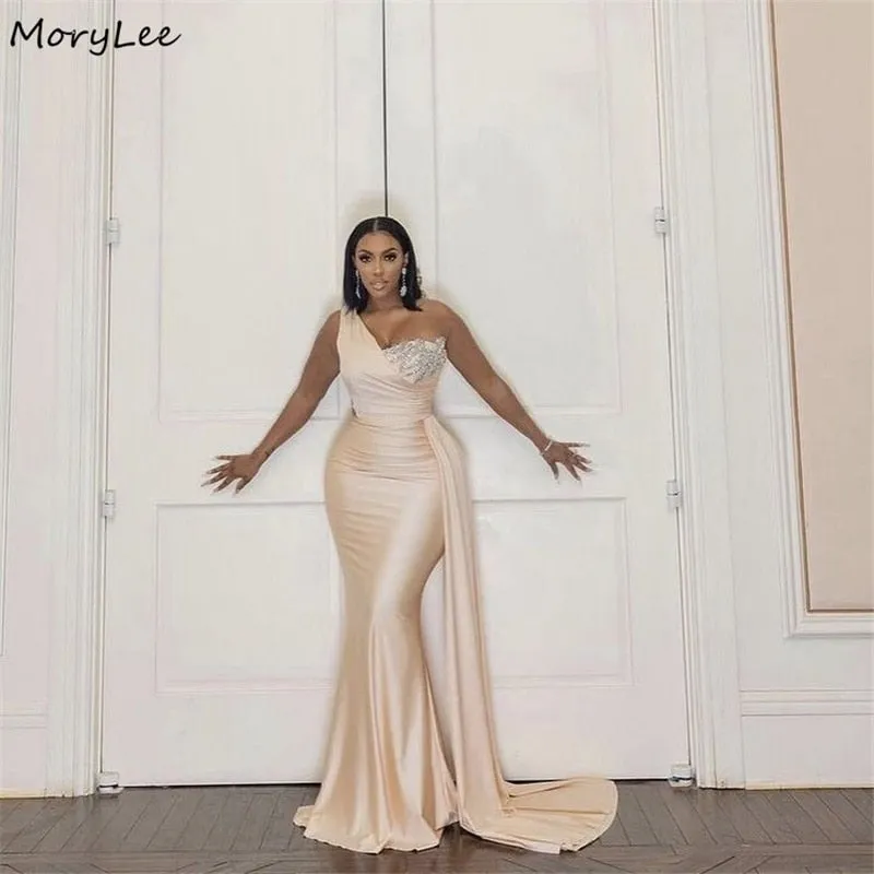 Crystal One Shoulder Sleeveless Mermaid Silk Satin Dress