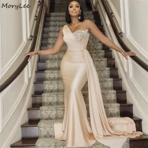 Crystal One Shoulder Sleeveless Mermaid Silk Satin Dress