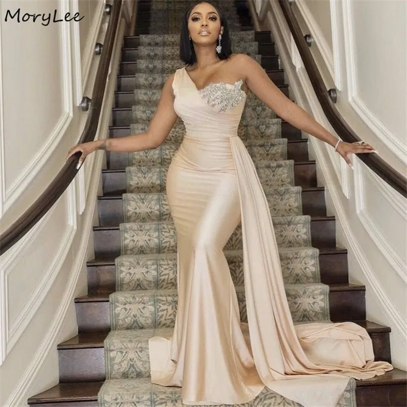 Crystal One Shoulder Sleeveless Mermaid Silk Satin Dress