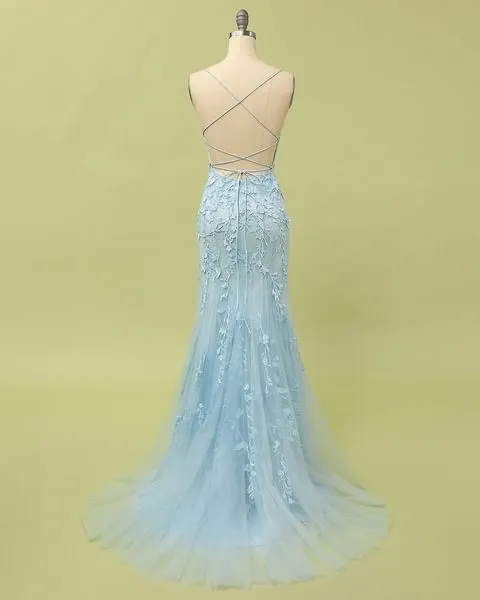 Custom Made Spaghetti Straps Long Lace Mermaid Prom Evening Dresses