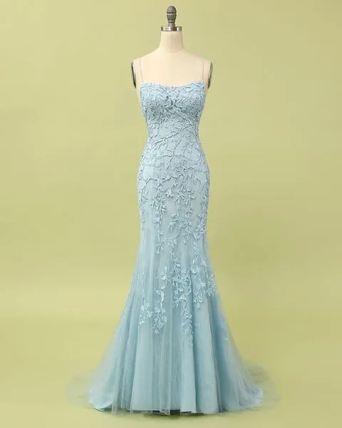 Custom Made Spaghetti Straps Long Lace Mermaid Prom Evening Dresses