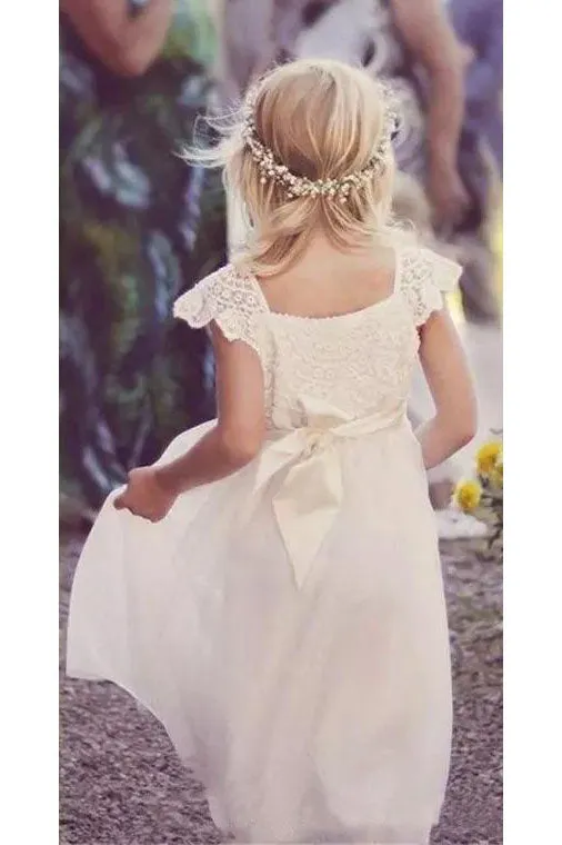 Cute Cap Sleeve Lace Chiffon Ivory Flower Girl Dresses Wedding Party Dresses OHR017