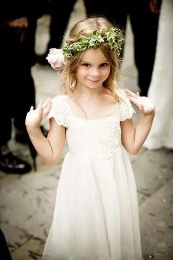 Cute Cap Sleeve Lace Chiffon Ivory Flower Girl Dresses Wedding Party Dresses OHR017