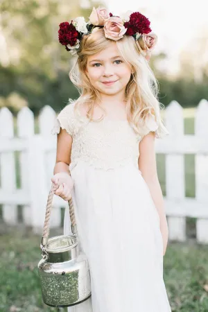 Cute Cap Sleeve Lace Chiffon Ivory Flower Girl Dresses Wedding Party Dresses OHR017