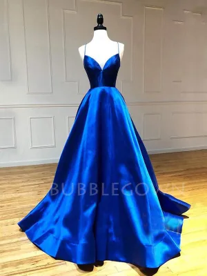 Dark Blue Satin V Neck A-Line Spaghetti Straps Long Backless Evening Prom Dresses, Cheap Custom prom dresses, MR7395