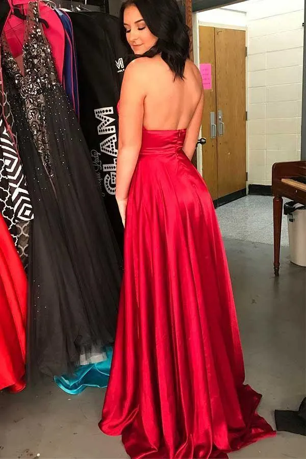Dark Red A-line Cross Neck Floor-Length Long Prom Dress With Side Slit, MP703