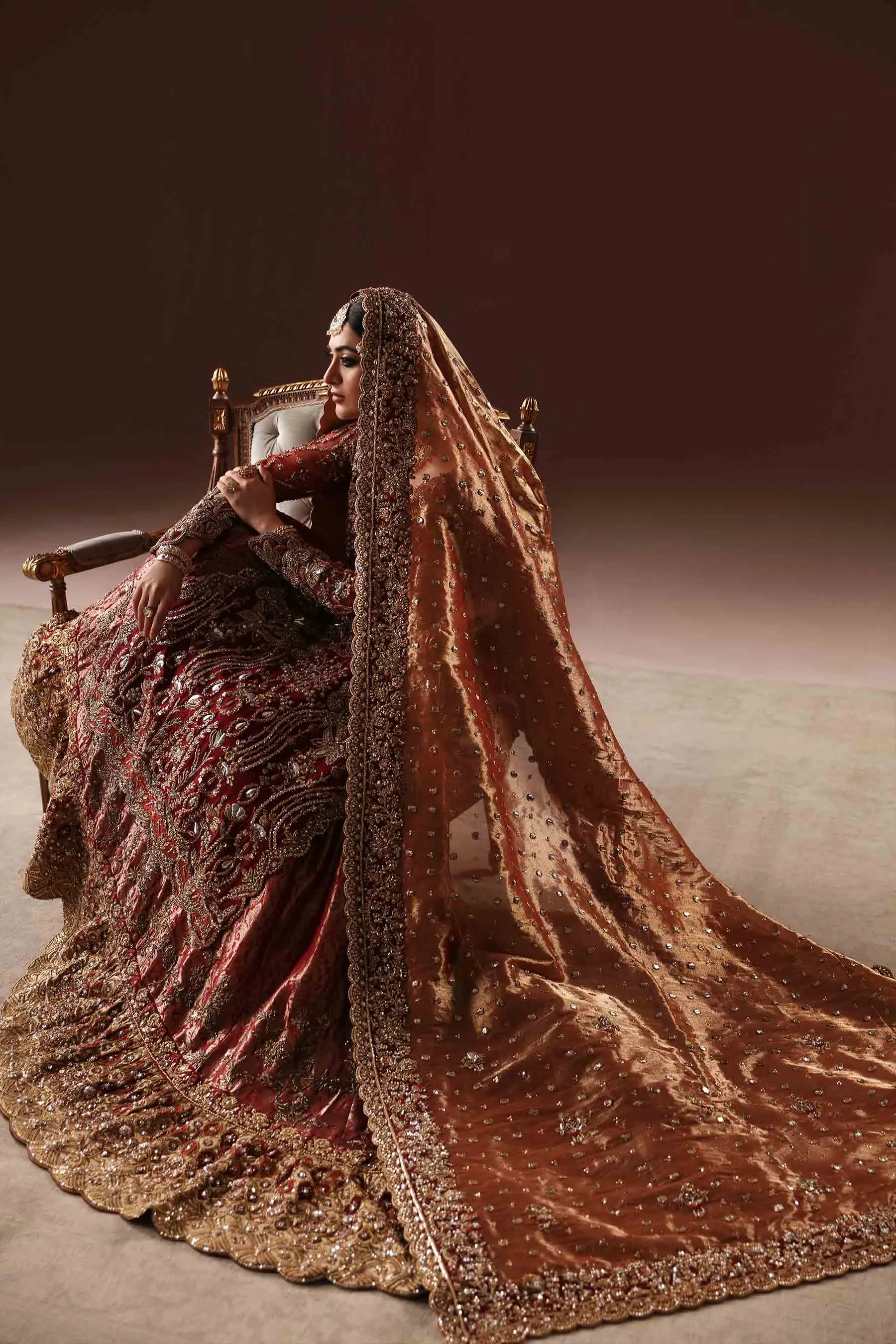 Deep Maroon Embroidered Pakistani Bridal Dress in Farshi Gharara Style