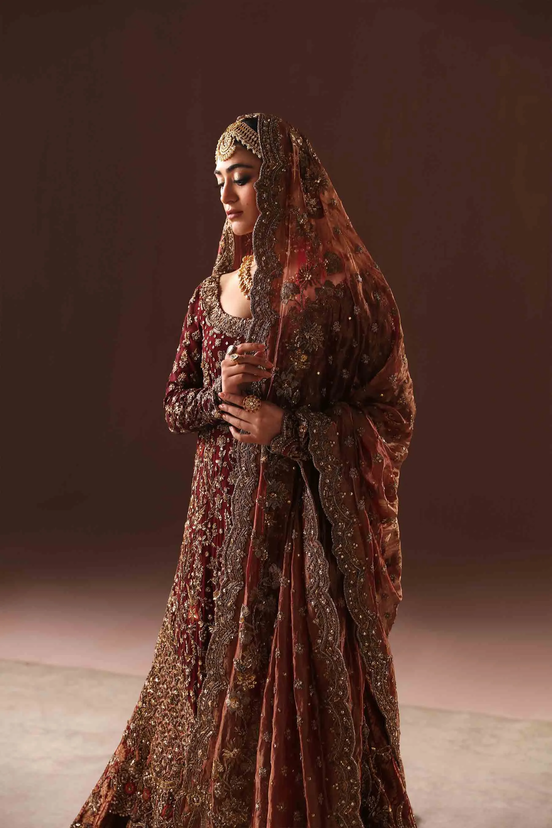 Deep Maroon Embroidered Pakistani Bridal Dress in Farshi Gharara Style
