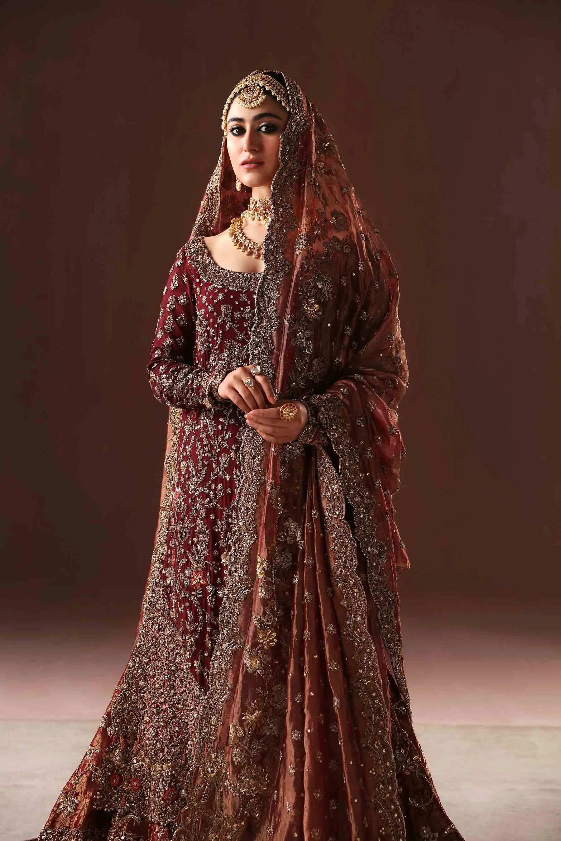 Deep Maroon Embroidered Pakistani Bridal Dress in Farshi Gharara Style