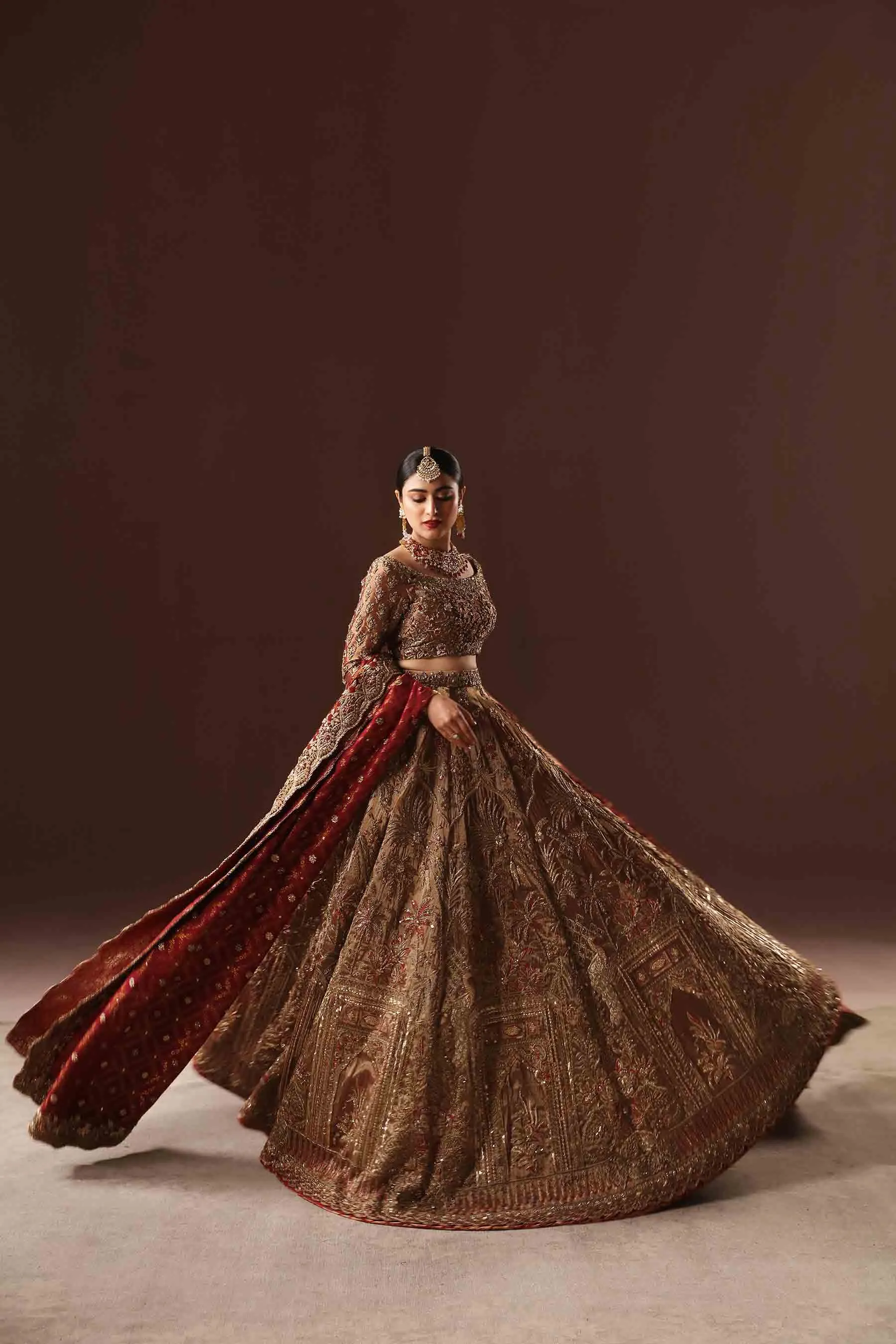 Deep Maroon Embroidered Pakistani Bridal Dress in Farshi Gharara Style