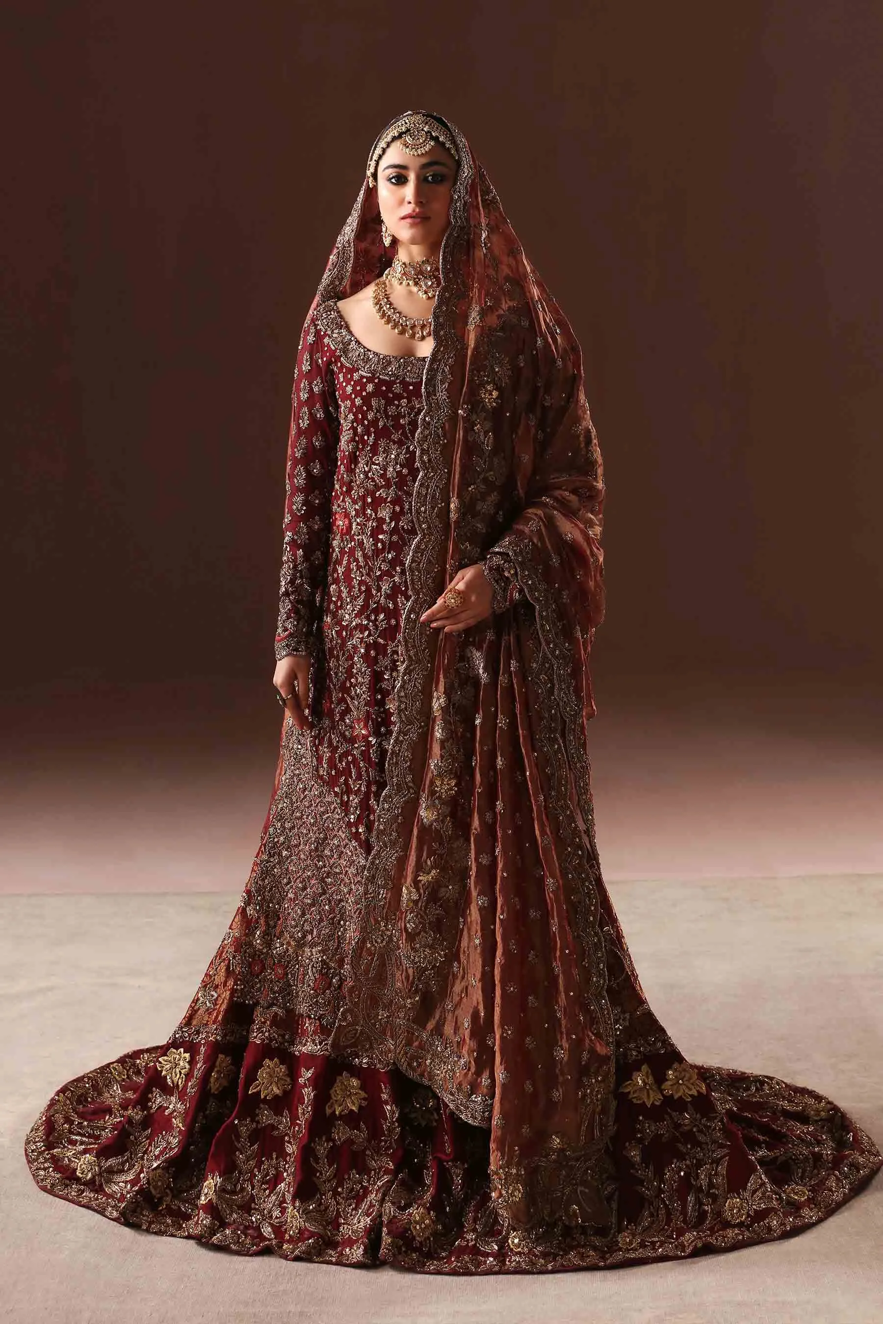 Deep Maroon Embroidered Pakistani Bridal Dress in Farshi Gharara Style