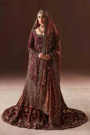 Deep Maroon Embroidered Pakistani Bridal Dress in Farshi Gharara Style