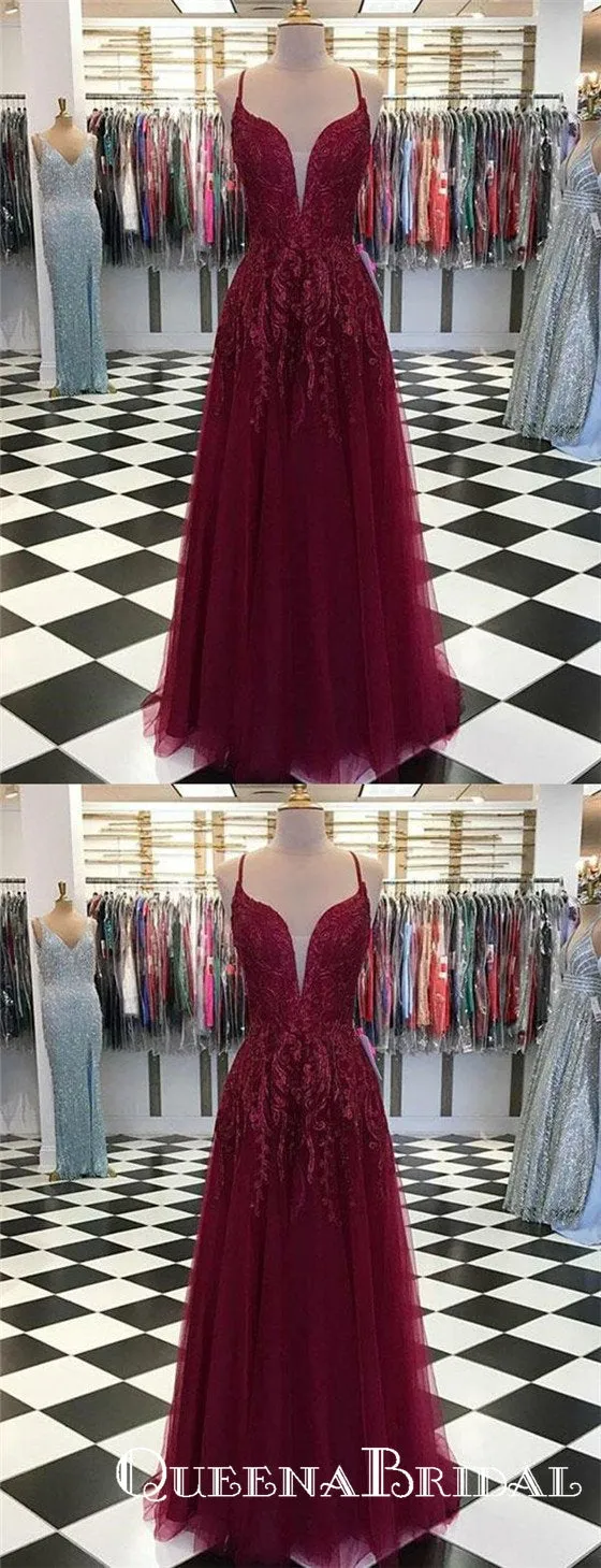 Deep V Neck Burgundy Long Appliques Evening Party Prom Dresses, QB0756