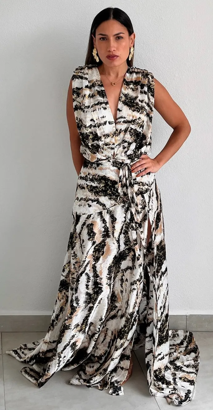 Distinctive Style Satin Print Maxi Dress