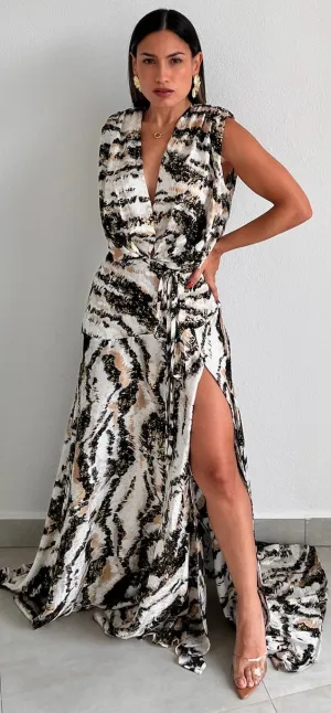 Distinctive Style Satin Print Maxi Dress