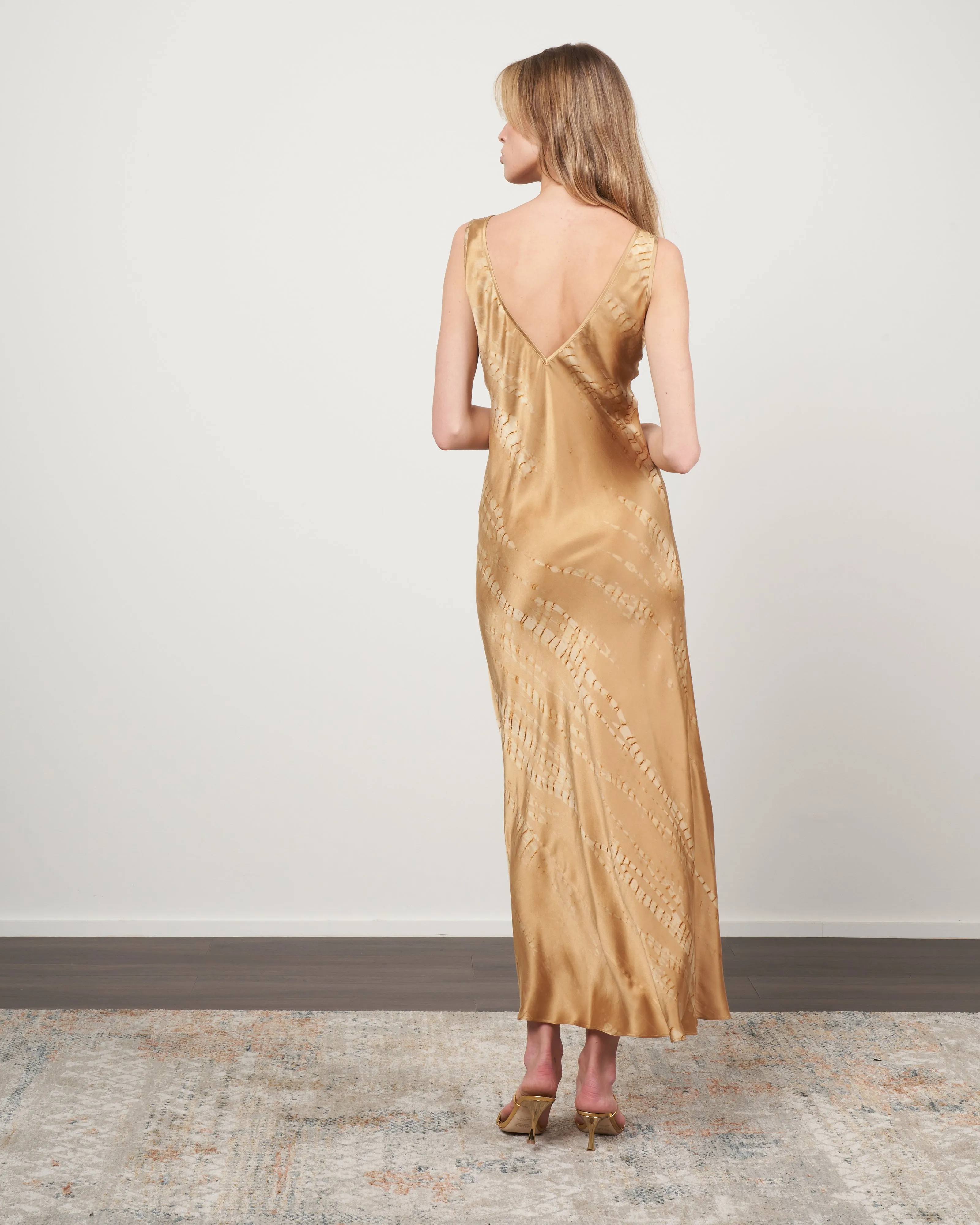 double v tie dye dress - gold silk